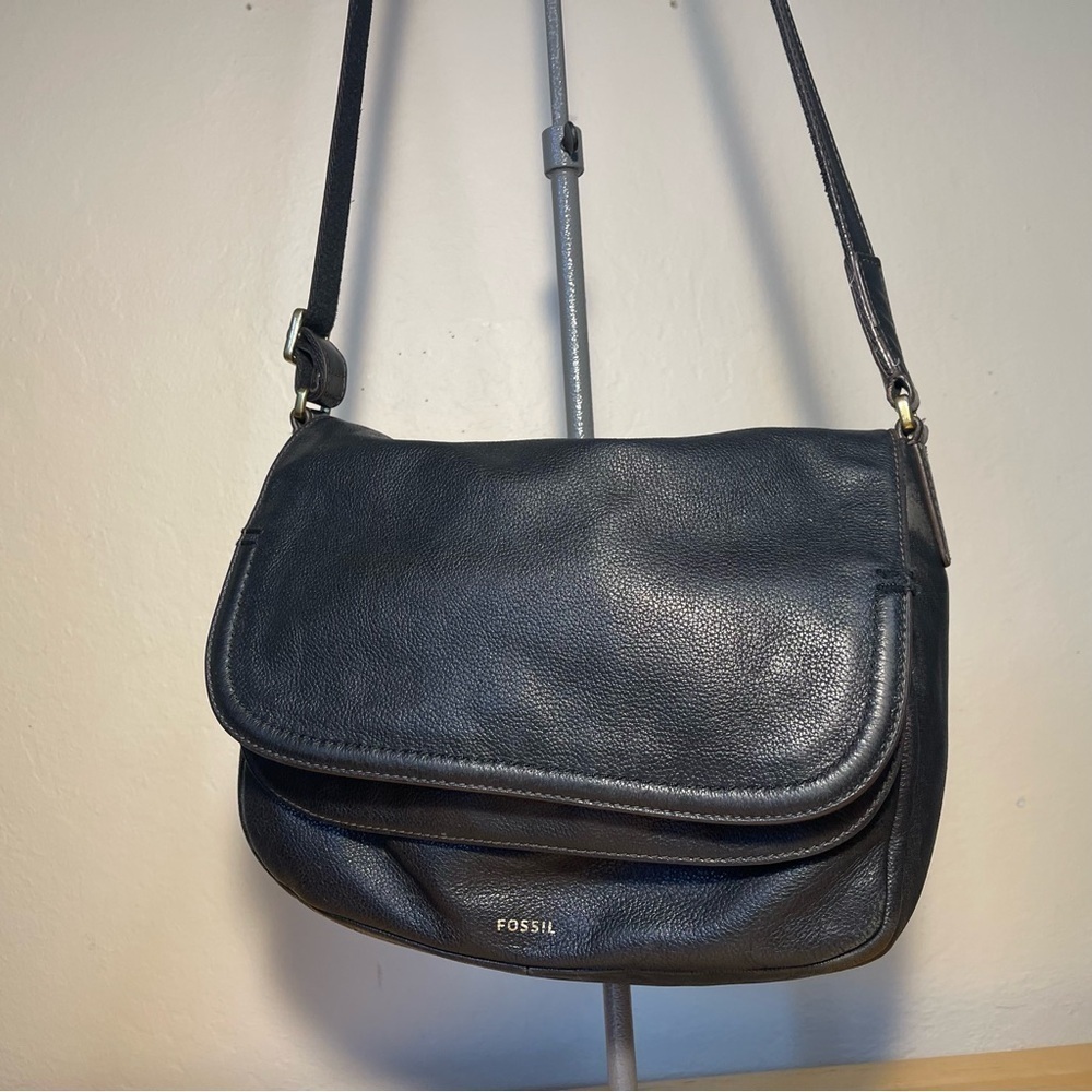 Fossil Black Leather Double Flap Crossbody Bag Shoulder Purse Vintage Style